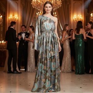 🌟Trina Turk Amida Green Gold Floral-Silk Blend One-Shoulder Maxi Size 6